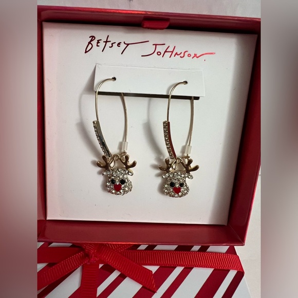 Betsey Johnson Earrings Reindeer Rhinestone Dangle New - Picture 12 of 16